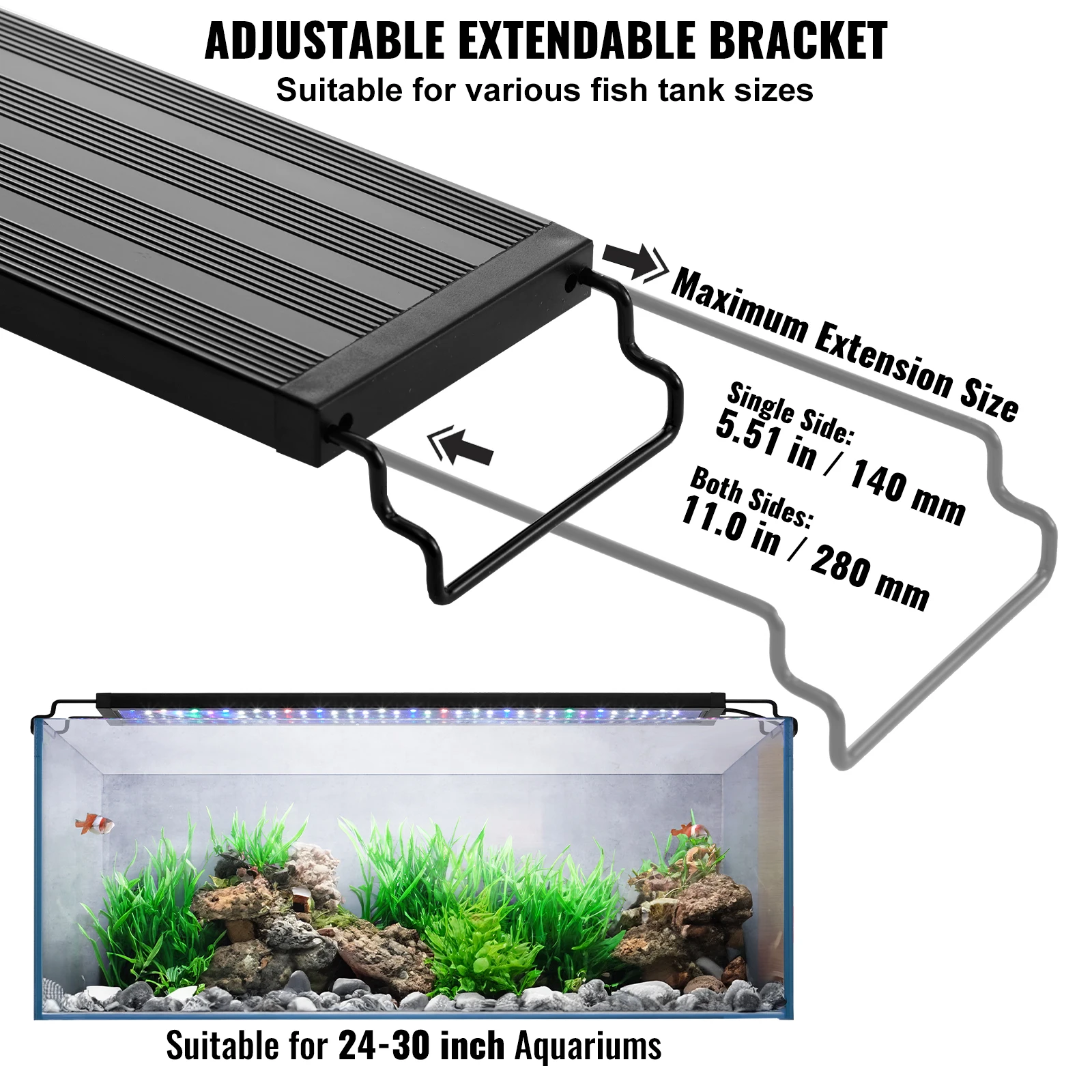 Luz de aquário VEVOR 18W com 5 níveis de brilho ajustável com suportes extensíveis de concha ABS para tanque de peixes de água doce de 24 "-30"