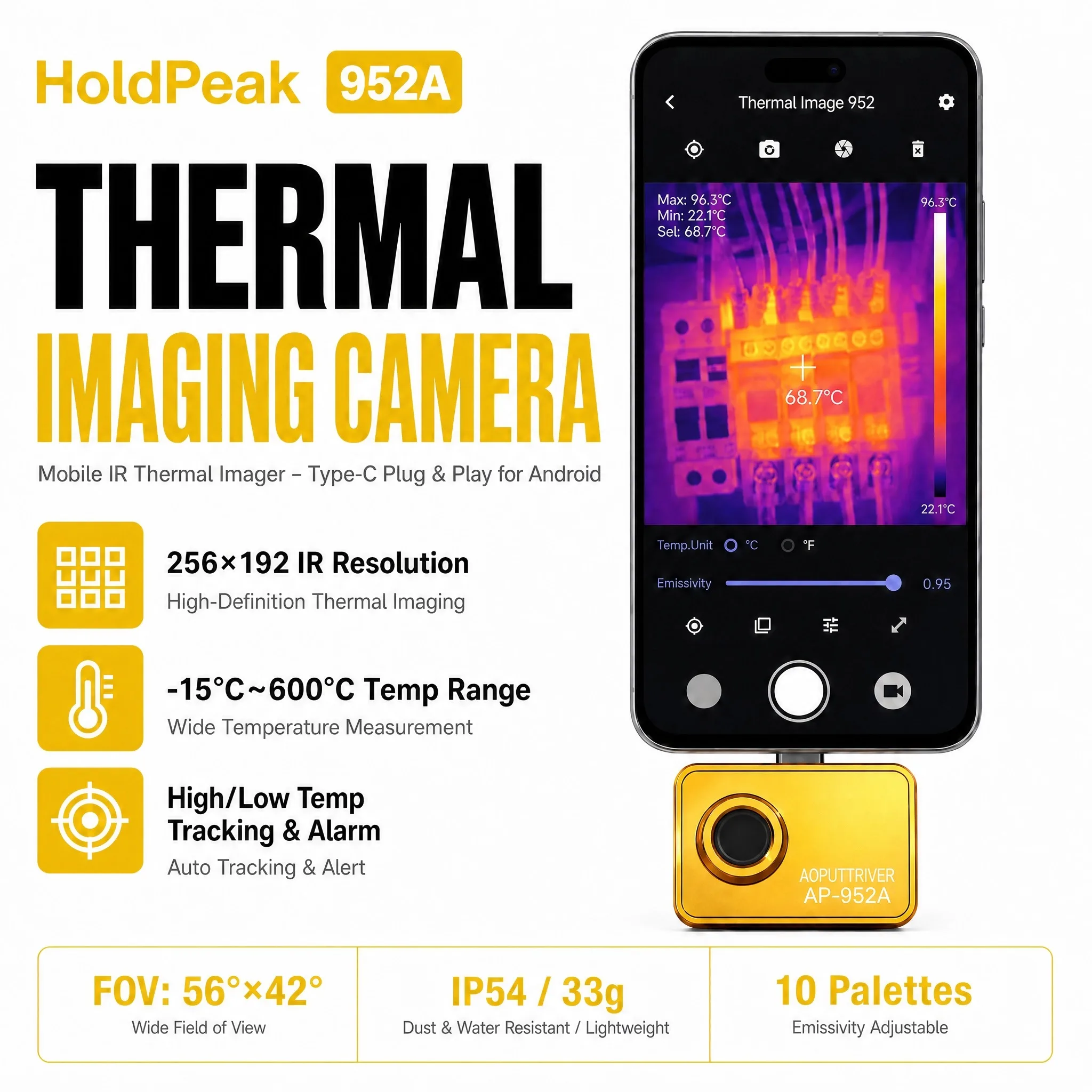 HoldPeak Mobile Thermal Imager 256x192 Resolution -15℃~600℃ High Accuracy Alarm 10 Palettes for Industrial Circuit Inspection