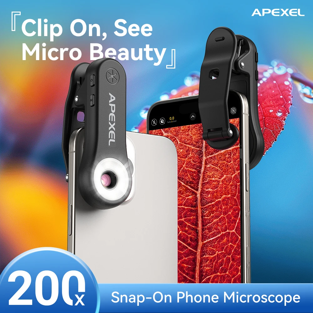 

APEXEL 2026 200X Новая линза-микроскоп для ювелирных изделий, трископ-объектив с LED-подсветкой/универсальный зажим для смартфонов iPhone/Android