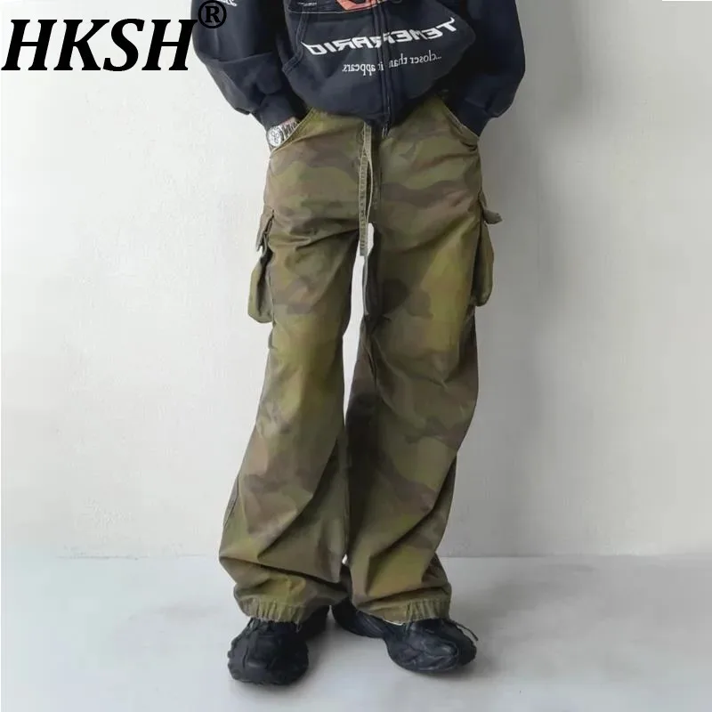 

HKSH Spring Autumn New Man Tide Tactical Vintage Washed Wide-Leg Loose Cargo Pants Drawstring Pockets Camouflage Chic Ins HK8747