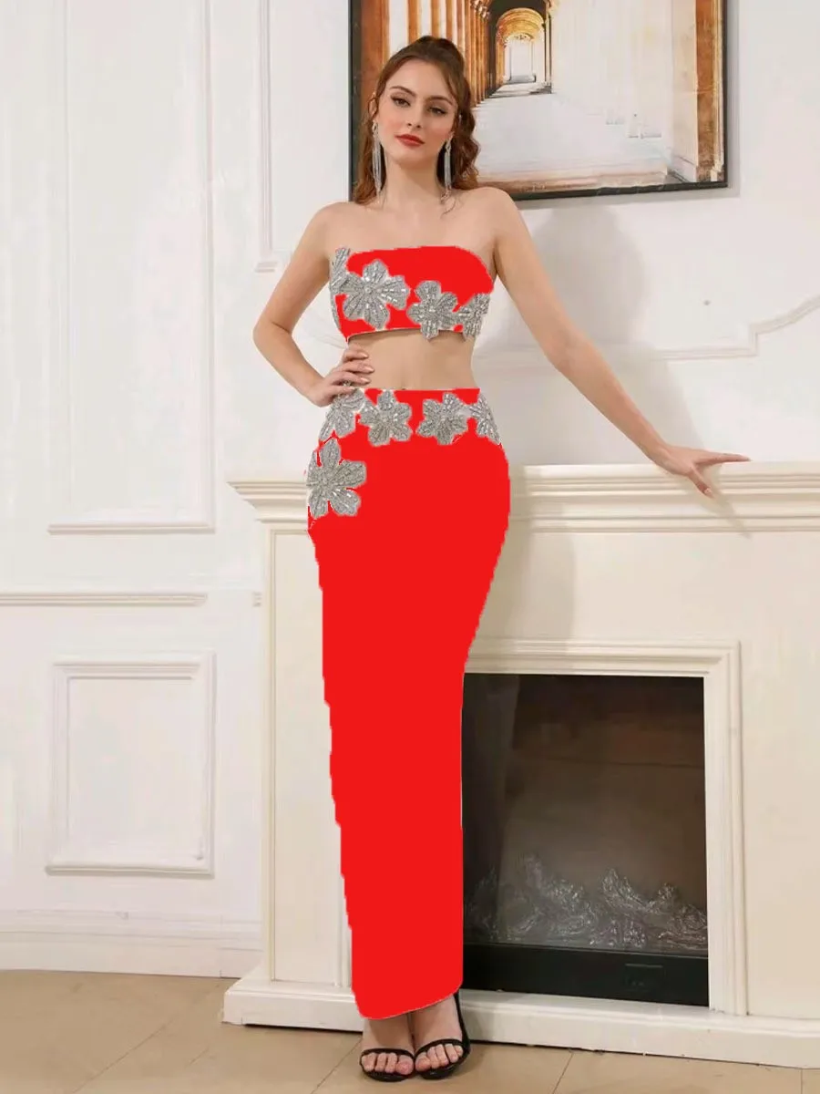 

Women Sexy Black Bandage 2 Piece Sets Show Birthday Outfit Sleeveless Crop Top Long Skirt Suit Evening Party Female Clothing