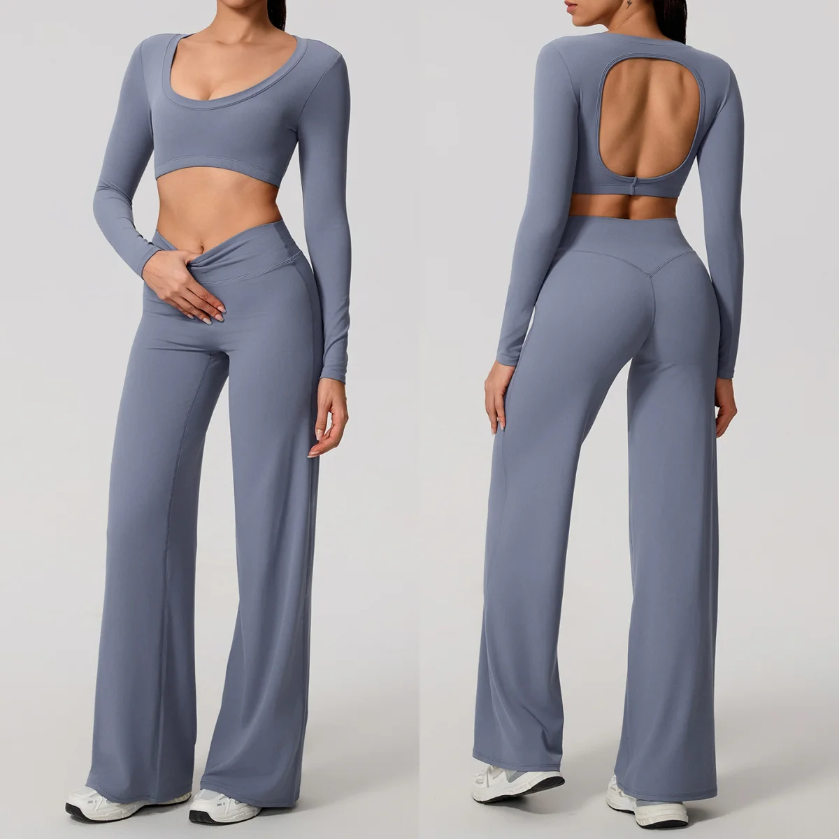 Women 2 Piece Yoga Set U Neck Long Sleeve Crop Top Open Back High Waist Wide Leg Pants Gym Workout Fitness Pilates Sports Set