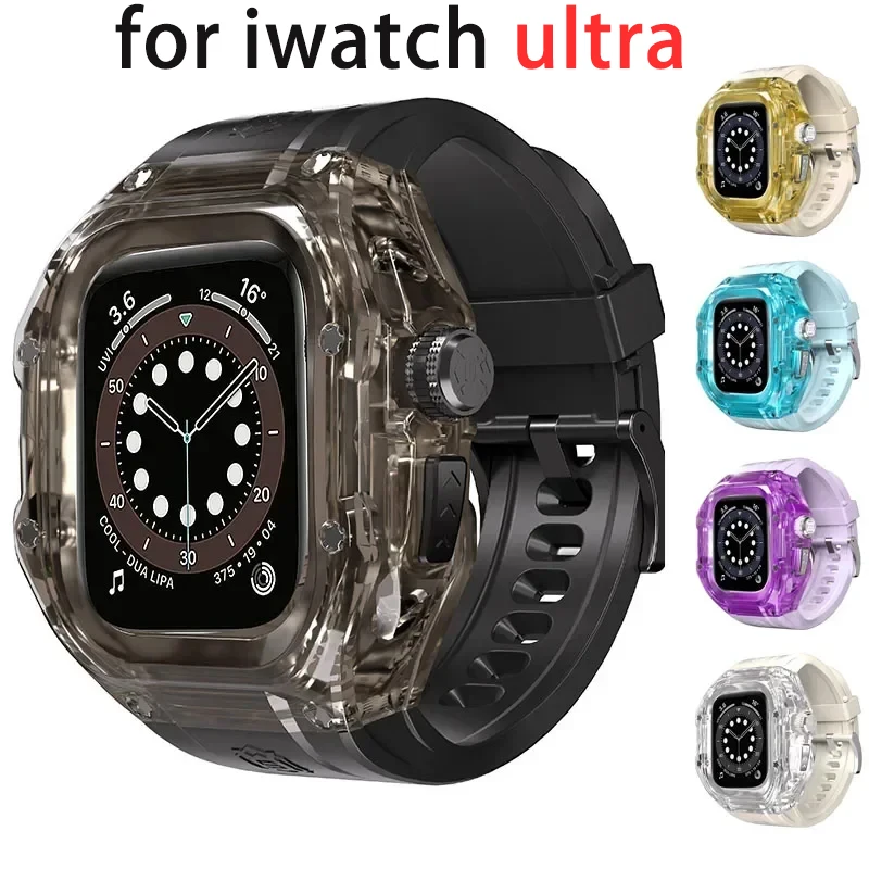 Luxury Modification Mod Kit for Apple Watch Ultra 3 49mm Transparent Cover+Silicone Strap for iWatch Ultra2 Waterproof Protector