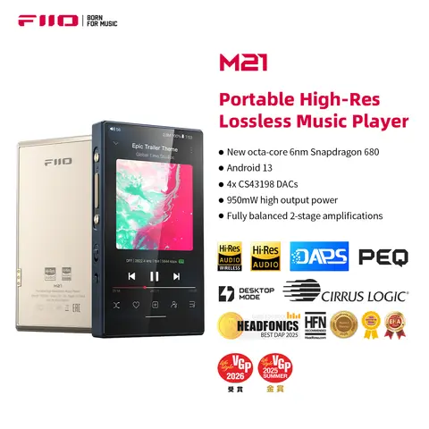 FiiO M21 Android 13 Hi-Res Music Player MP3 with Snapdragon 680, CS43198*4 DACs, 950mW high output power, PEQ