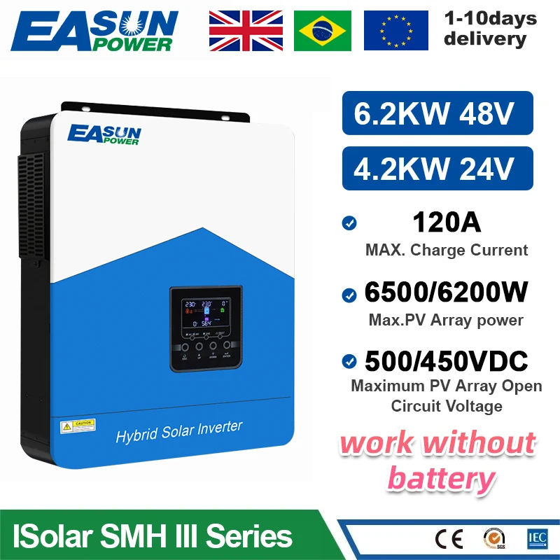 

EASUN POWER Hybrid Solar Inverter 6200VA 6.2KVA 48V Photovoltaic Hybrid Inverter 230VAC Max PV 450V Build in 120A MPPT Charger