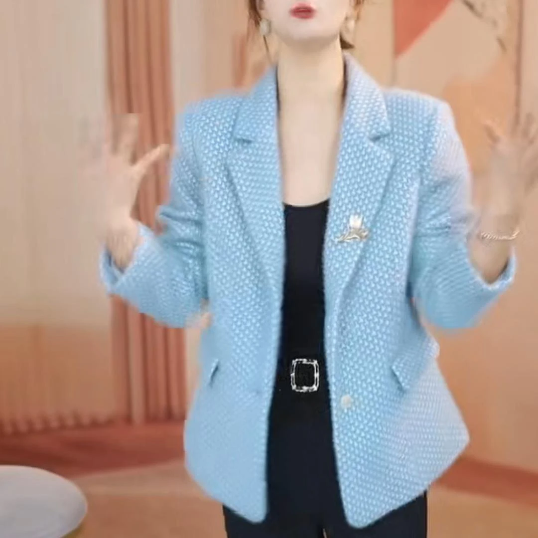 

Chic Short Blazer Jacket Outwear Women's Autumn Winter New High-End Houndstooth Loose Slimming Fashion Office Casual Suit Tops