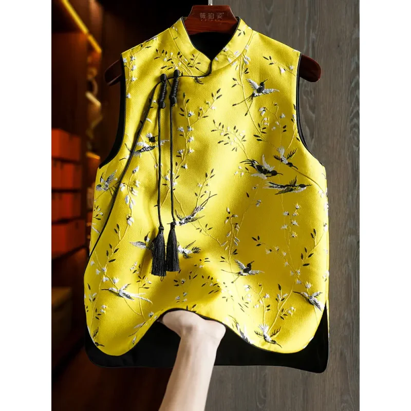 2026 Chinese style vest women summer stand collar plate button loose embroidered  oriental style sleeveless button vest top