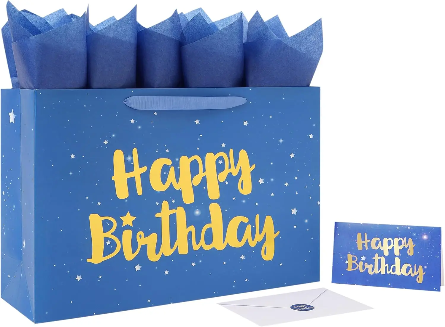 

Extra Large Blue Happy Birthday Gift Bag Set with Handles, Greeting Card, Tissue Papers and Stickers for Men Boys Kids, Stars De