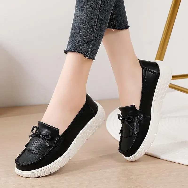 

2024 New Genuine Leather Pumps Women's Flat All-Match Fashion Beanie Square Toe Ballet Shoes Loafers