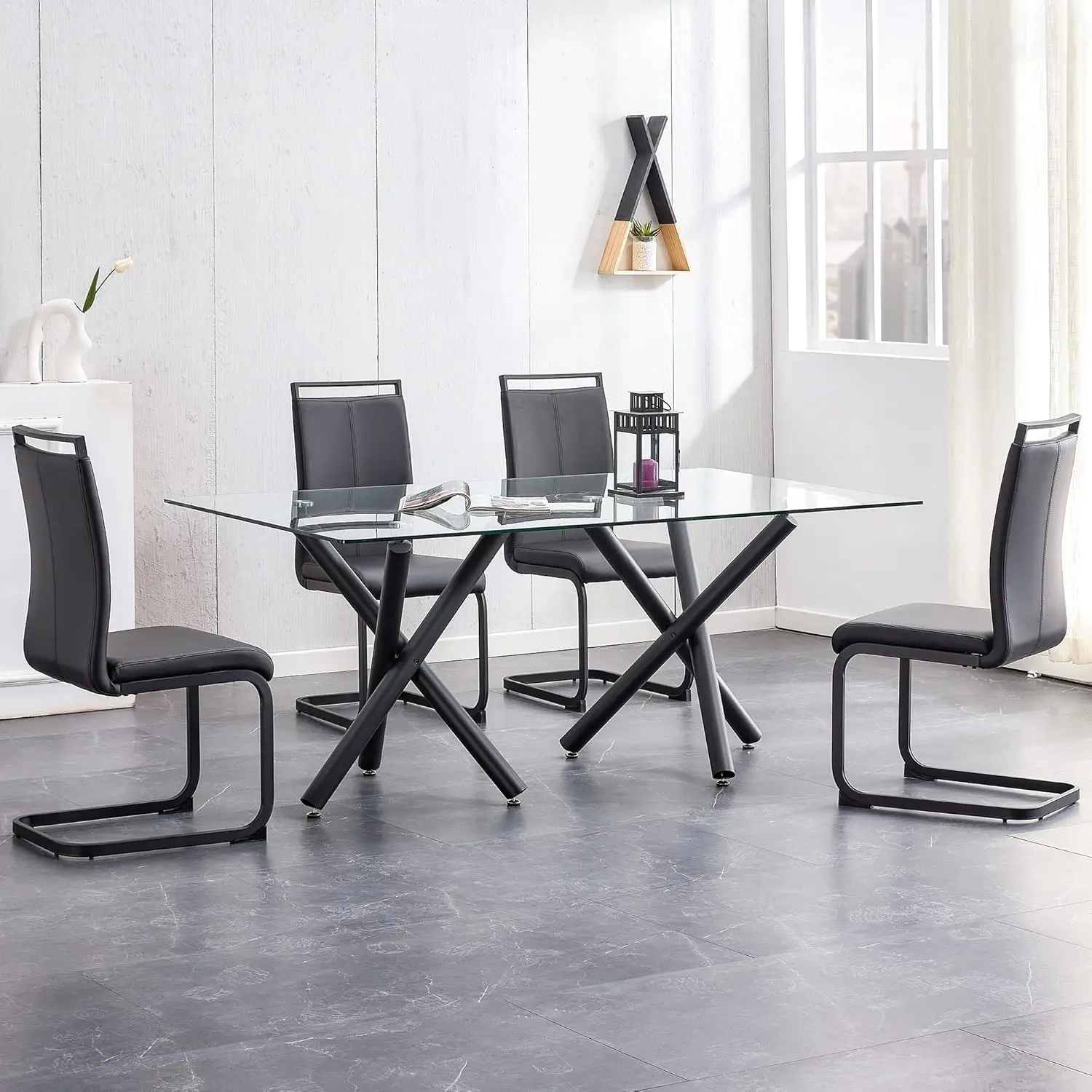 Mesa de comedor de vidrio de 71 pulgadas con tapa de vidrio rectangular transparente, muebles de mesa de cocina de vidrio rectangular con 6 metal negro recubierto