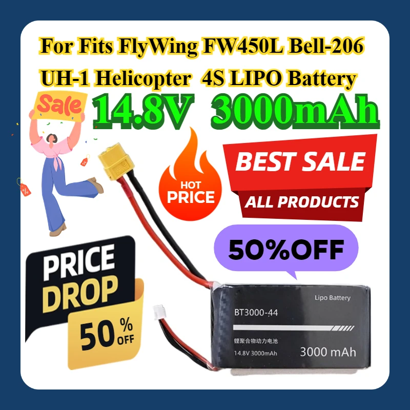 

For Fits FlyWing FW450L Bell-206 UH-1 Helicopter 3000mAh 4S 14.8V LIPO Battery