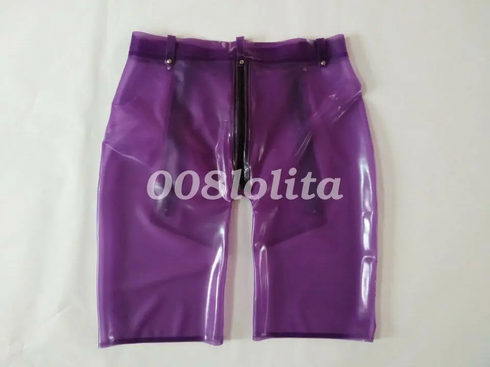 100% short sexy en caoutchouc latex slips trois fermeture éclair violet 0.4mm taille S-XXL