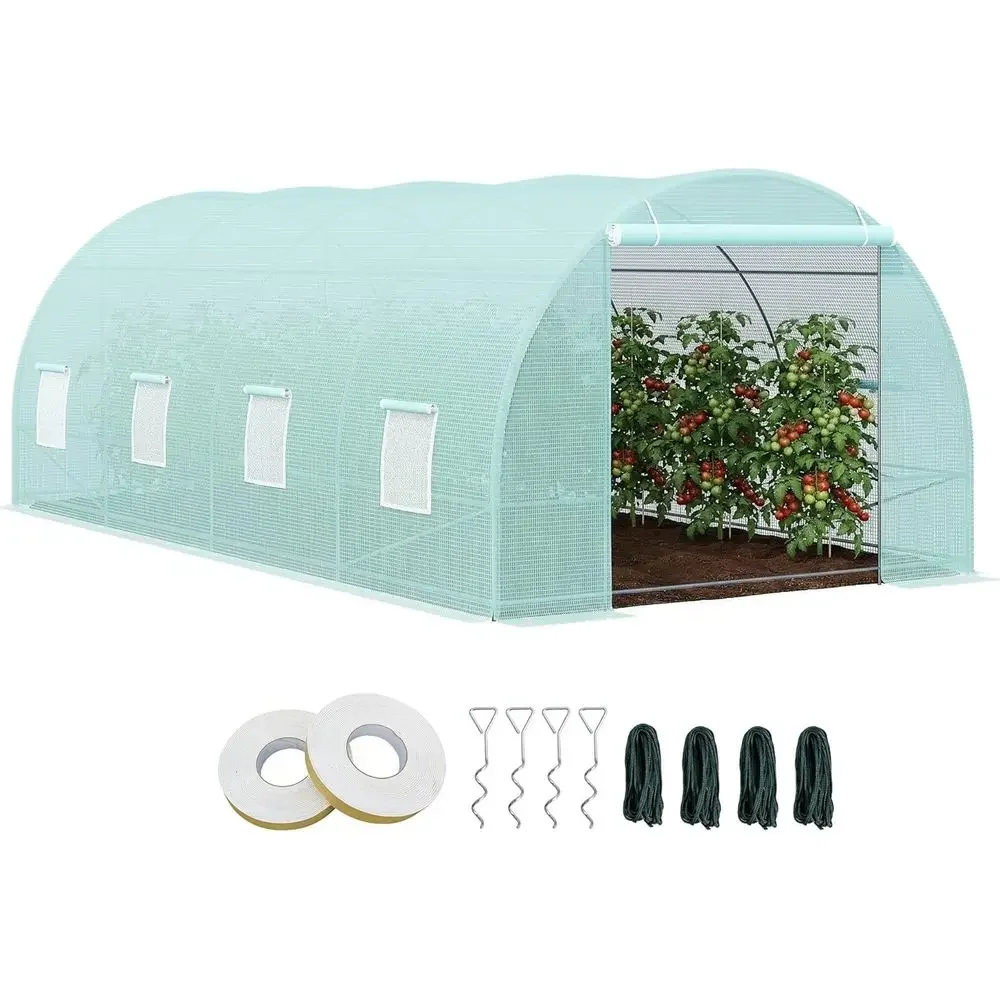 20' x 10' x 7' Walk-in Greenhouse Tunnel with Zippered Door and 8 Mesh Windows, Large Garden Greenhouse Kit, Galvanized Steel Fr