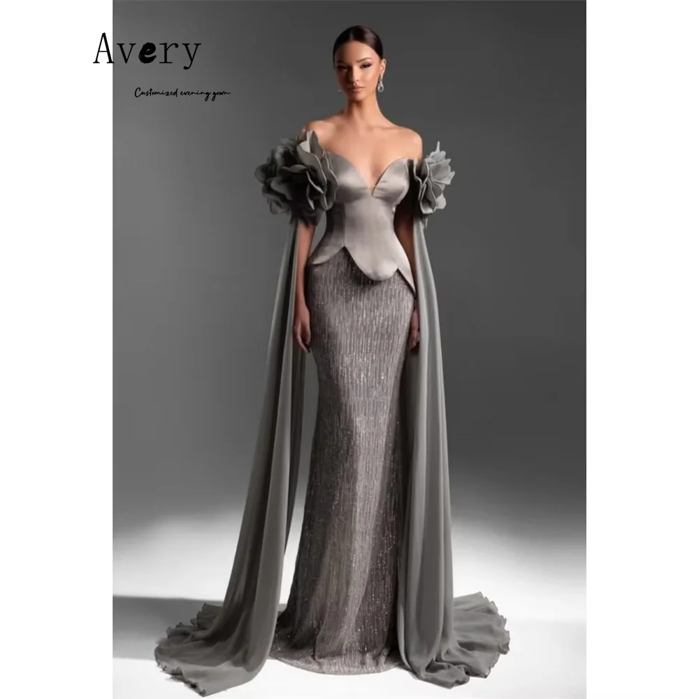 

Avery Customized Shiny 3D Flowers Fishtail Off-shoulder Elegant Party Dresses 2025 Long Elegant Woman Party Dress Evening Women
