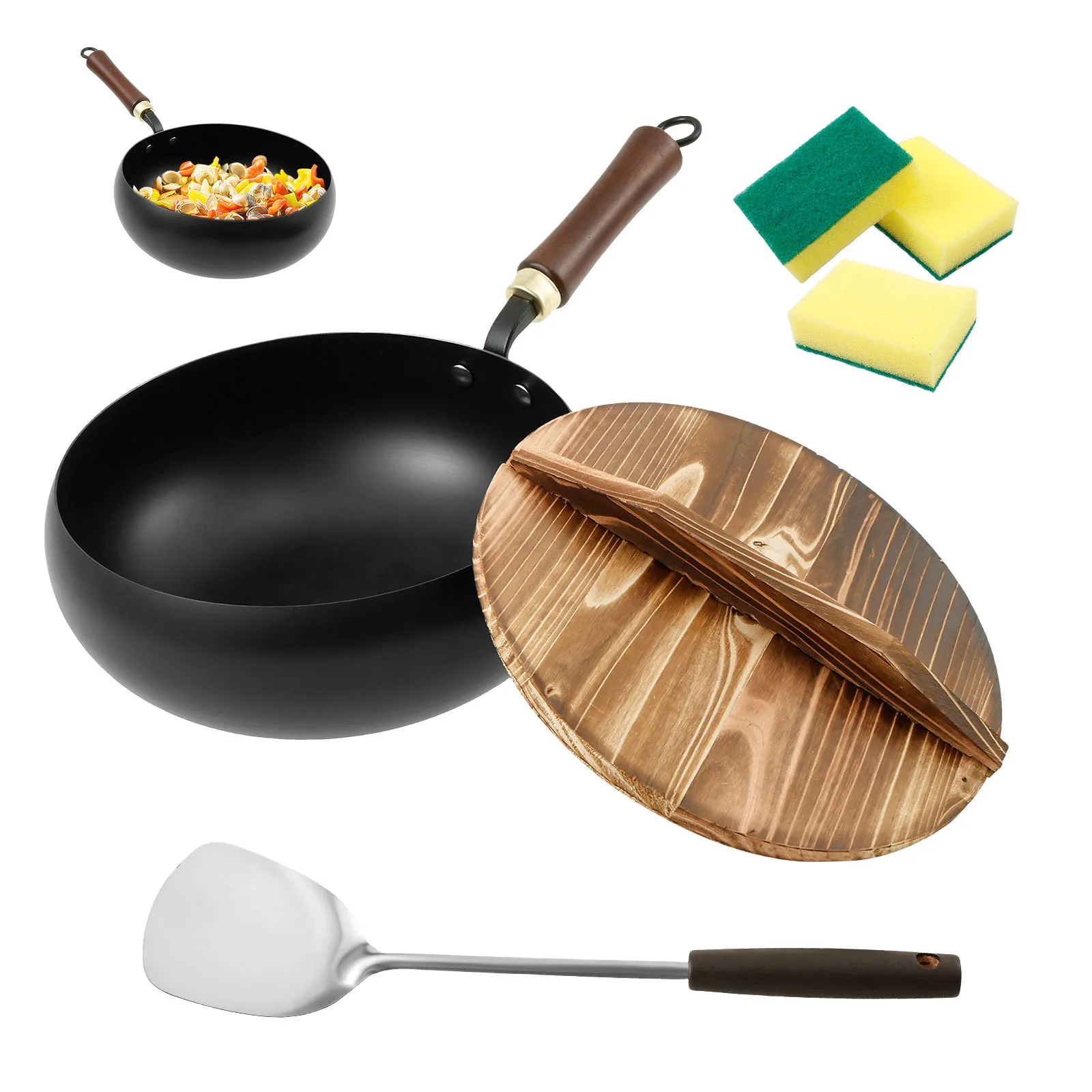 

Uncoated Iron Pan w/ Wood Lid Forged Nonstick Big Belly Iron Frying Pan with Spatula and Sponges for Frying Stewing and Sauteing