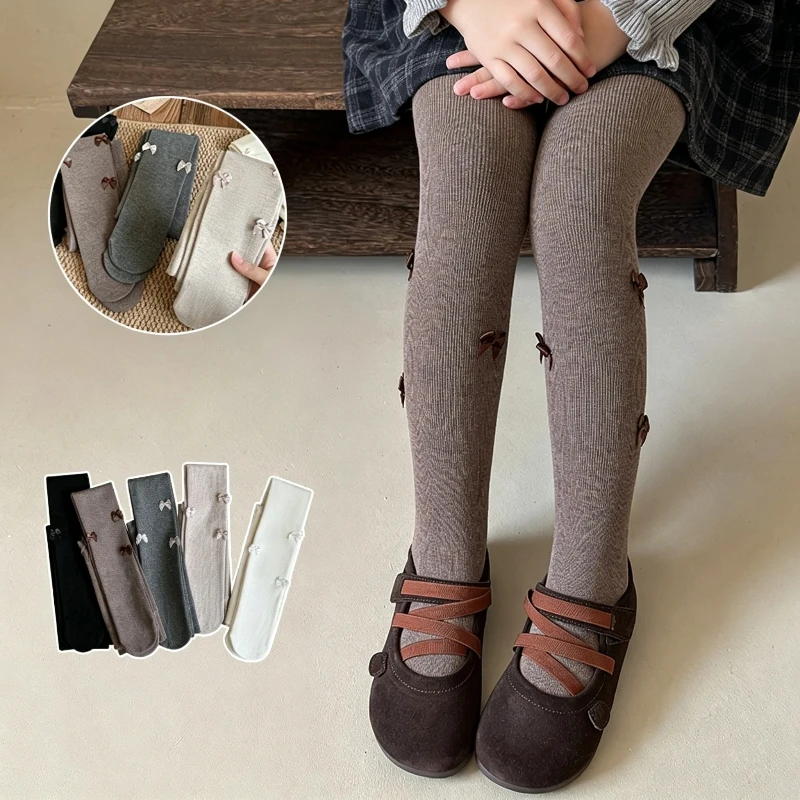 Little Girls Sweet Thin Knit Pantyhose Skin‑Gentle Material Cute 3D Small Bow Accent Comfort Stretchy Lightweight Daily Tights