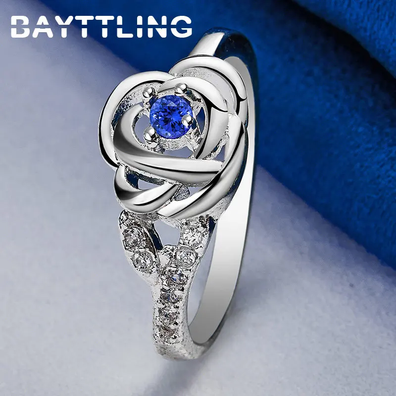 

New 925 Sterling Silver Rose Flower Ring Beautiful Charm Blue Zircon Ring Women Fashion Engagement Gifts Jewelry Accessories