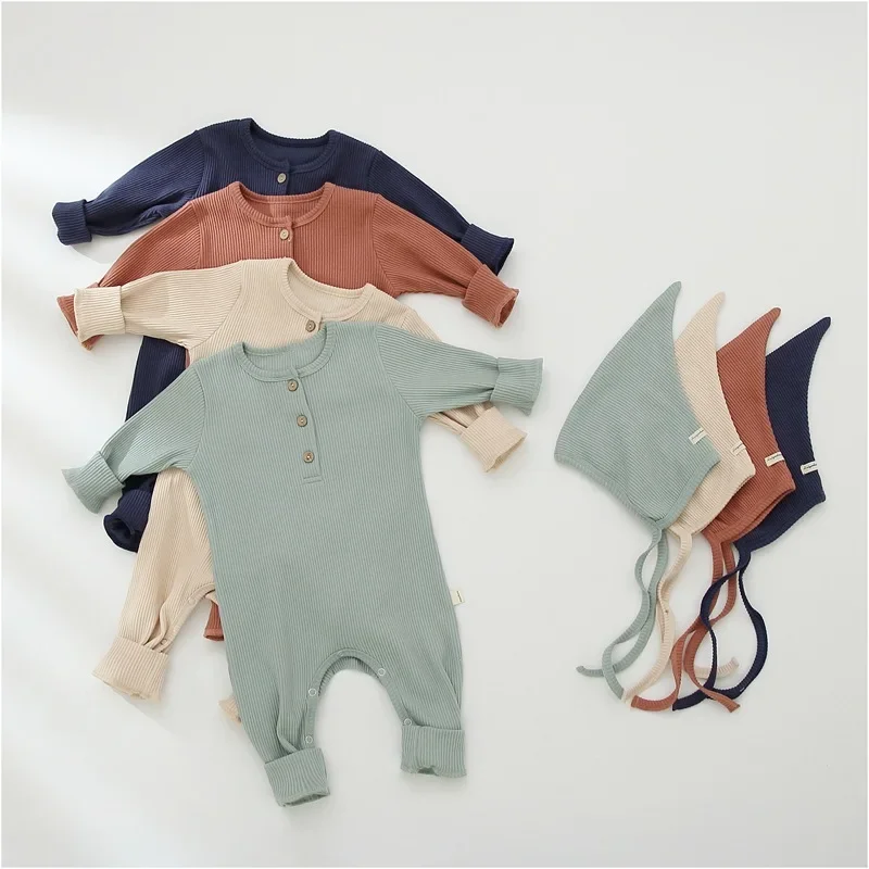 New 0-24M Baby Romper Cotton Pit Strip Baby Boy Girl Clothes Autumn Spring Bodysuit Solid Newborn Clothing with Hat