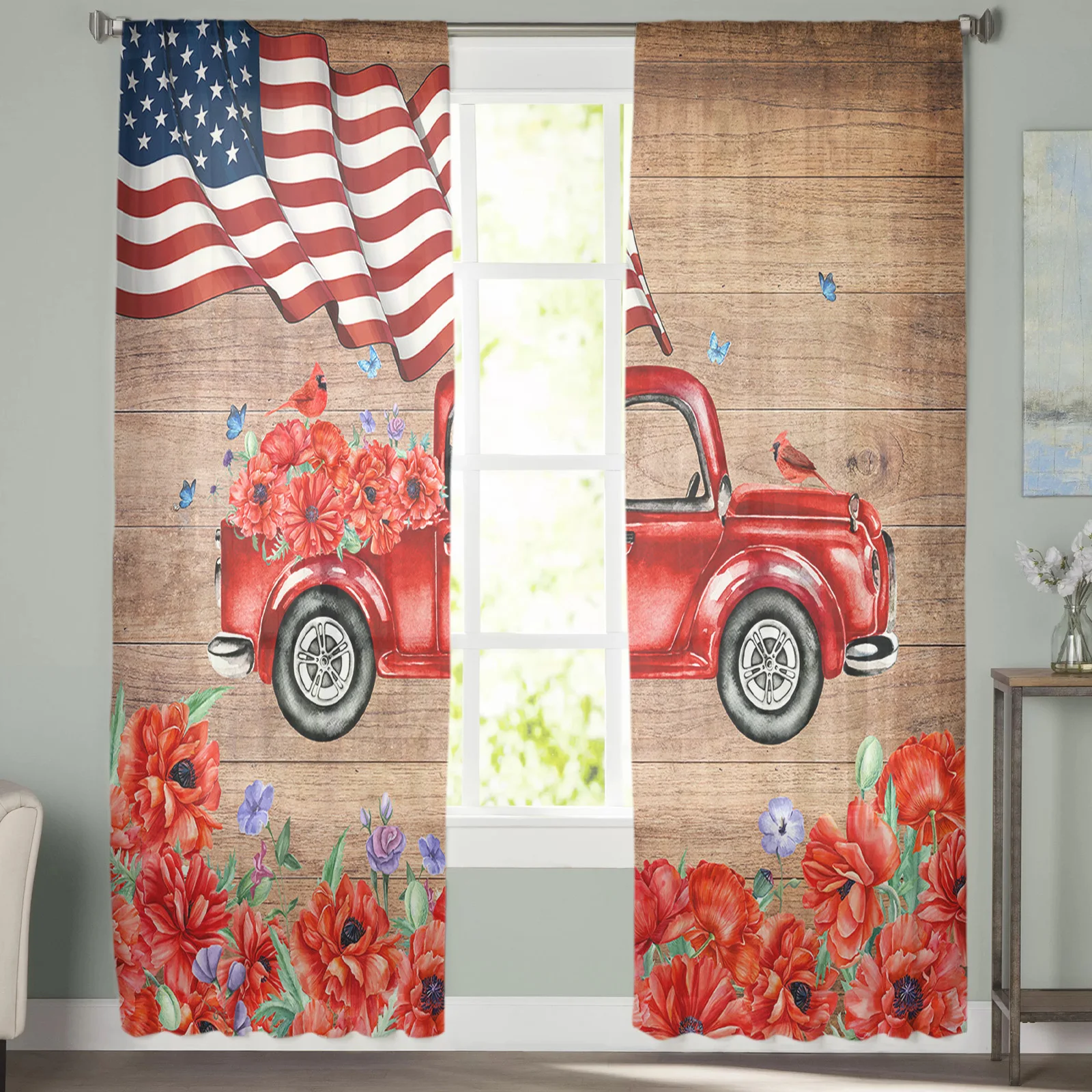 Wooden Board Wood Grain Flower Butterfly Red Tank Tulle Curtains for Living Room Chiffon Voile Sheer Window Curtain for Bedroom