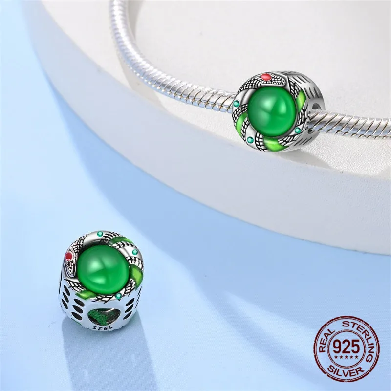 حبة قلادة على شكل ثعبان من الفضة الإسترليني عيار 925 ساحرة مع سوار أصلي لصنع هدية مجوهرات نسائية ذاتية الصنع #3