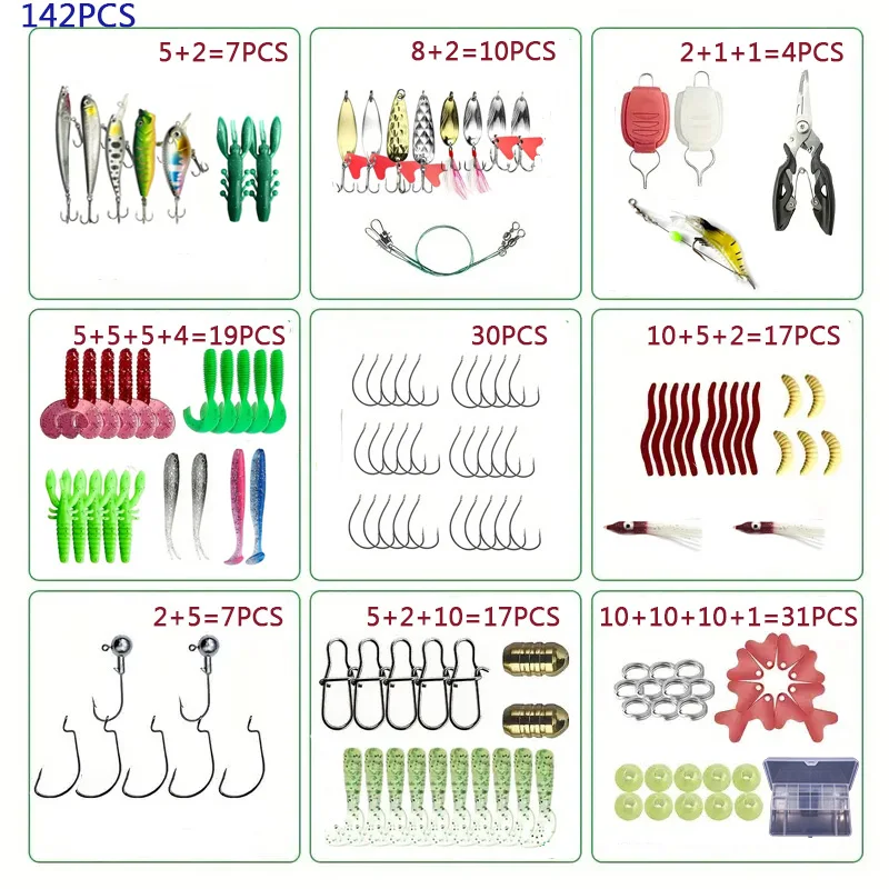 Fishing Lure Set 18/21/59/142pcs Mixed VIB Lure Kit Soft Lure Minnow Popper Hooks All Fishing Accessory Fresh Water