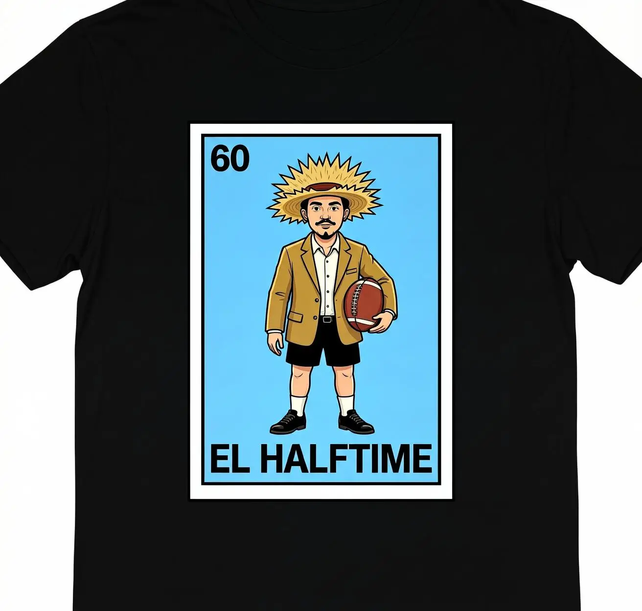 Y2K Harajuku Graphic Gothic Mexican Loteria Card EL HALFTIME Football Man Graphic T-Shirt, Bright Blue Background Latino Loteria Cartoon Pop Art Style, 100% Cotton Loose Oversized Casual Tee For Football Fans Hispanic Culture Daily Street Outfit