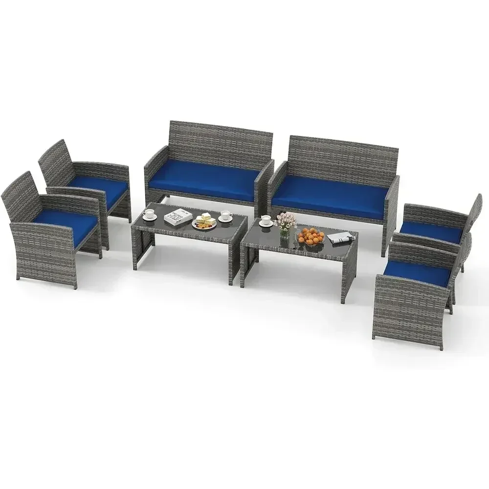 8-Piece Outdoor Wicker Furniture Set with Cushioned Chairs, Loveseat, and Glass Coffee Table for Patio, Balcony, and Poolside