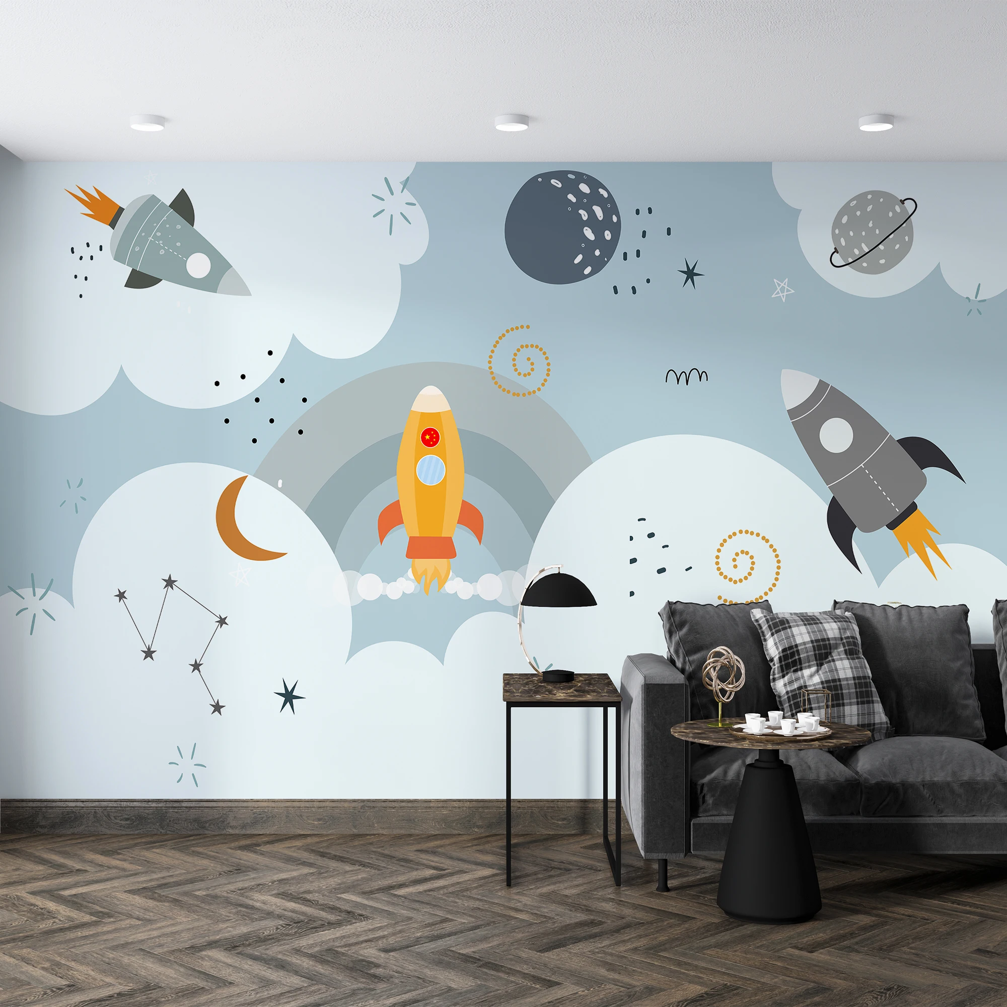 Customized 3D Wallpaper Cartoon Starry Sky Planet Spaceship