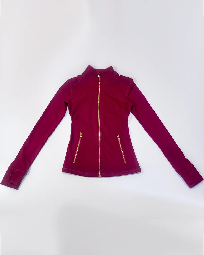 Neue Damen Slim Fit Sportjacke mit Goldreißverschluss, atmungsaktiv, schnelltrocknend, Stehkragen-Stil, Daumenloch-Design, Sportjacke – Detail 25