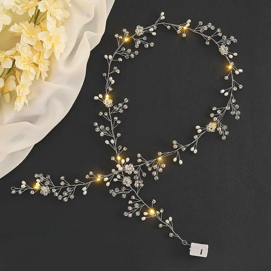 Leuchtender Braut-Haarschmuck für Damen und Mädchen, langer Braut-Haarkranz, silberner Kristall-Haarschmuck, Kostüm-Party-Kopfschmuck