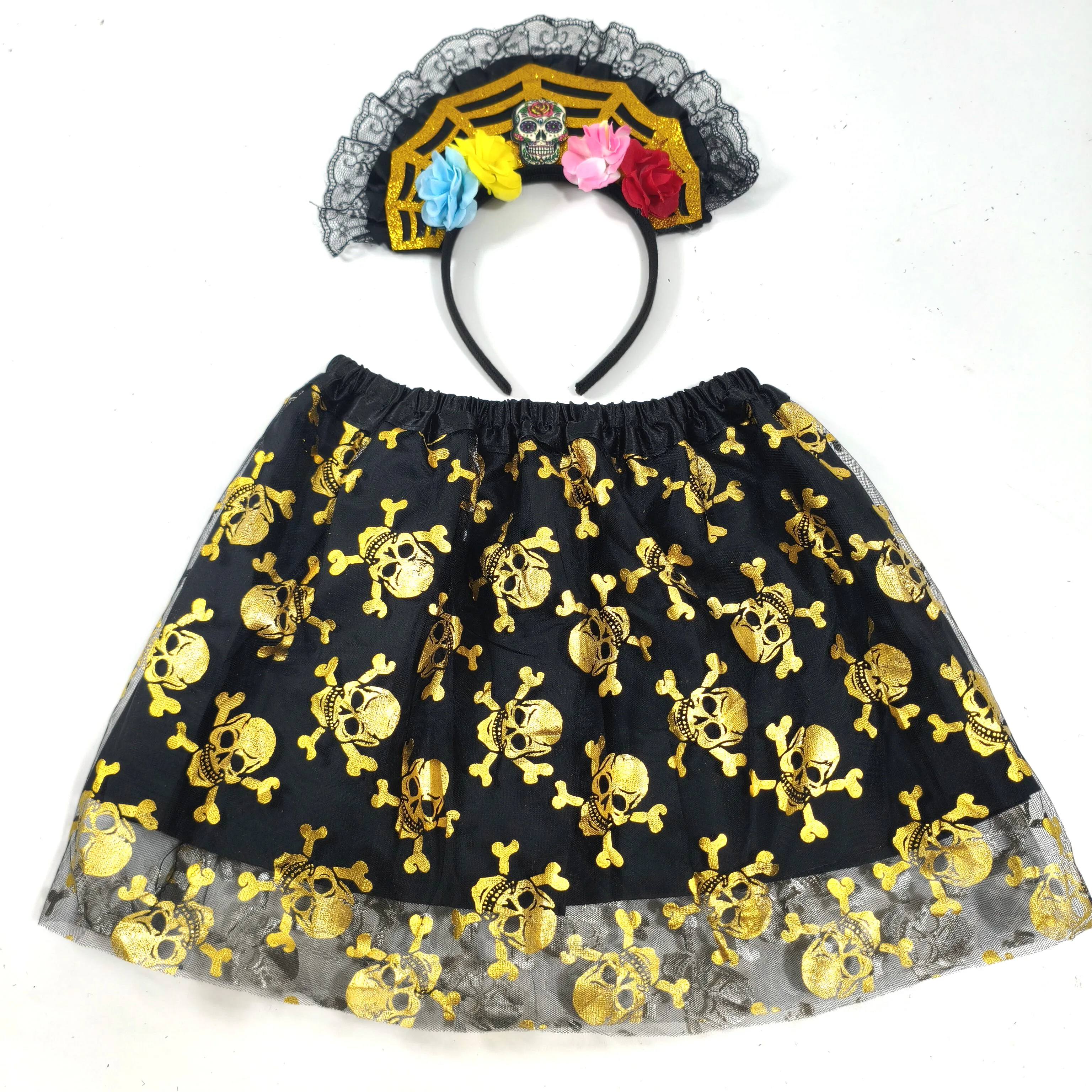 

Kids' Halloween Costume Set: Skull Patterned Tulle Skirt & Floral Headband