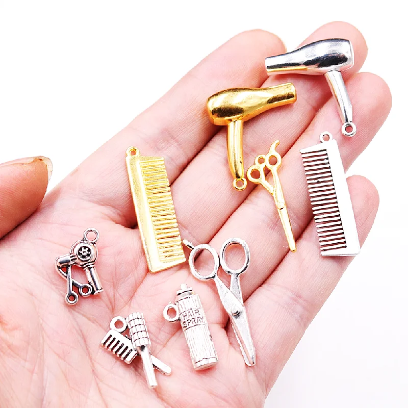 Retro Mixed Professional Barber Hair Dryer Scissors Hair Spray Metal Pendant DIY Charm Necklace Keychain Jewelry Crafts Making