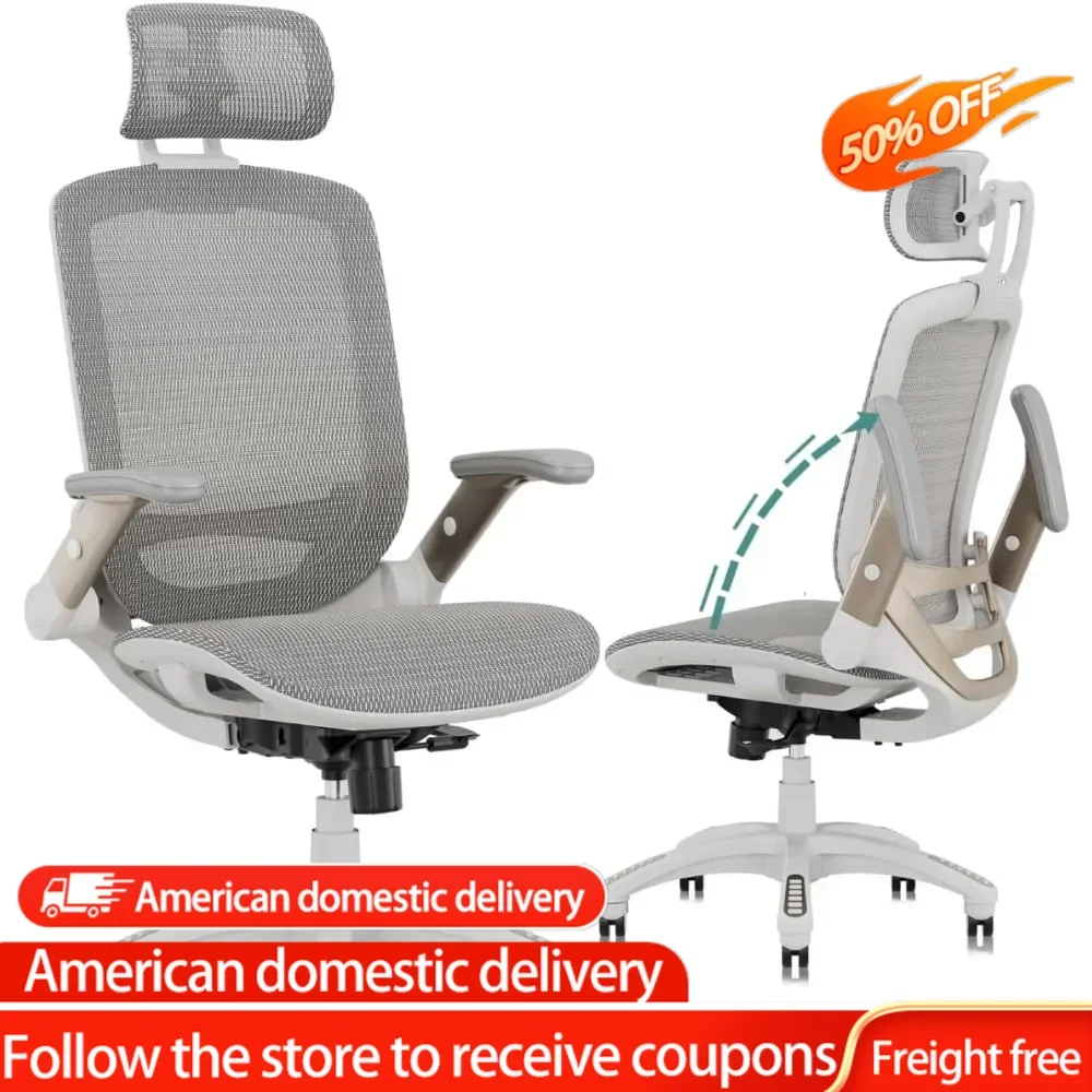 

High Back Home Desk Chair with Headrest, Flip-Up Arms, 90-120° Tilt Lock and Wide CushionWhite Task Chair