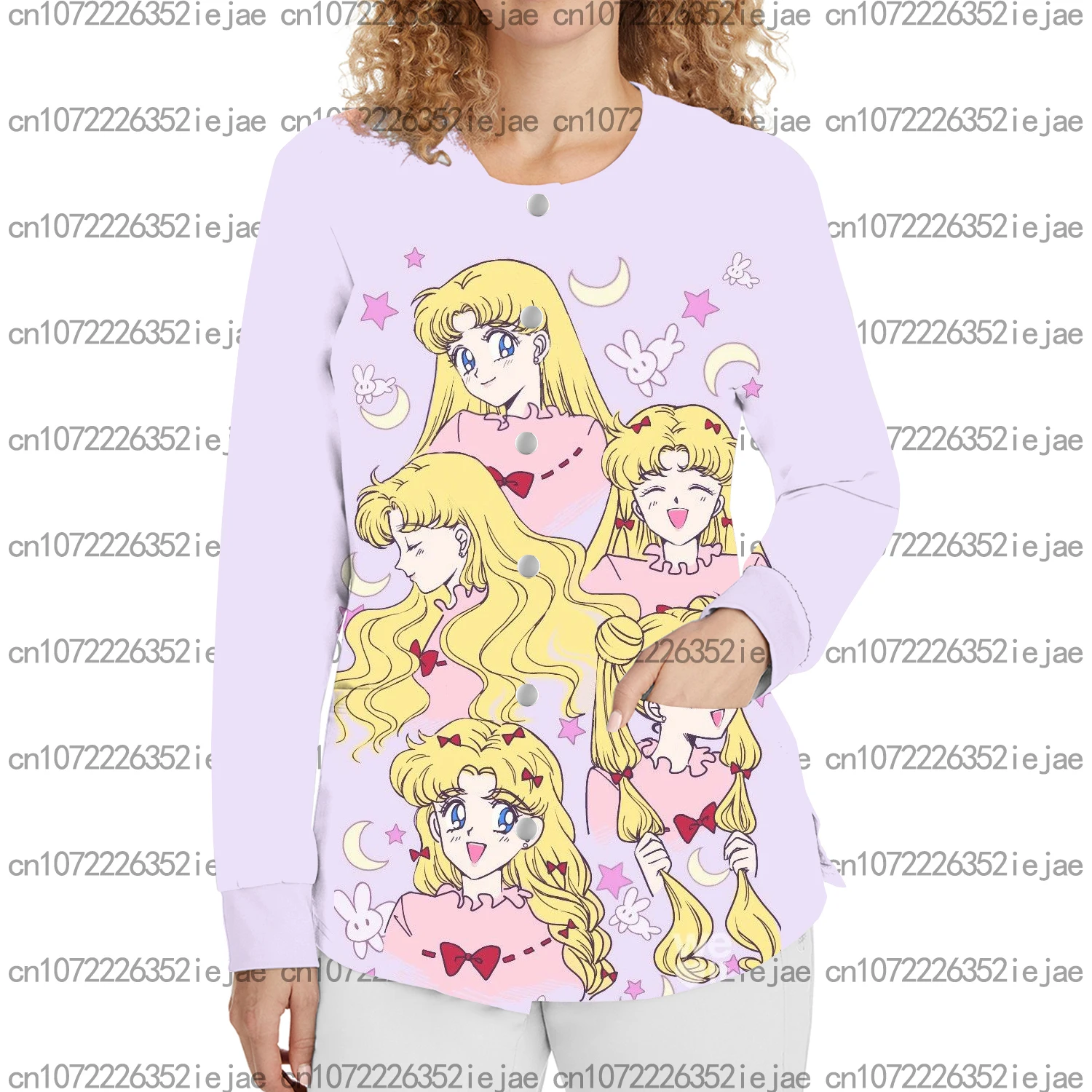 女性のダブルポケット長袖スナップボタンつや消しジャケット秋と冬セーラームーンプリントカジュアルファッションワークコート