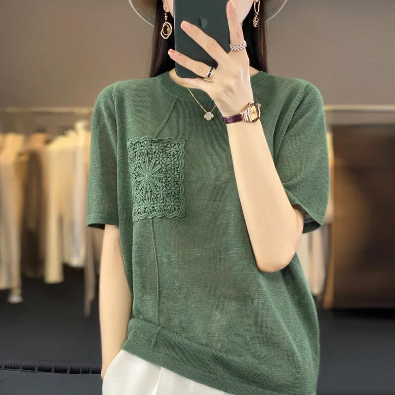 Summer Women\'s Sweater Short Sleeve Pullover Round Neck Bamboo Hemp Ice Silk New Jacquard Loose Knitted T-shirt Slim Fit Top 023