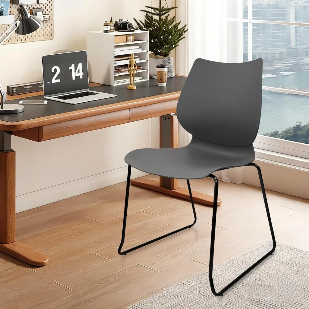 Stacking Plastic Chairs Set of 4 Lumbar Support Metal Legs Grey Office