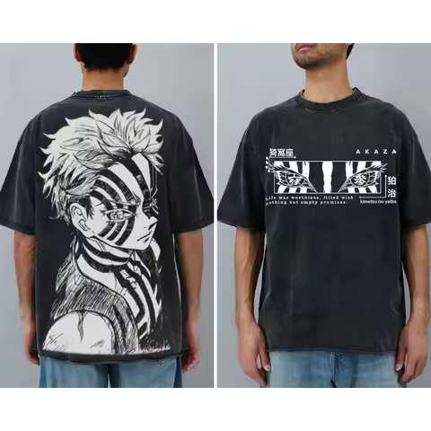 Japanese Anime Demon Slayer Akaza Graphic Washed T-shirts Women&rsquo;s Men's Clothing Harajuku Y2K Oversized Cotton Half-sleeve Tops