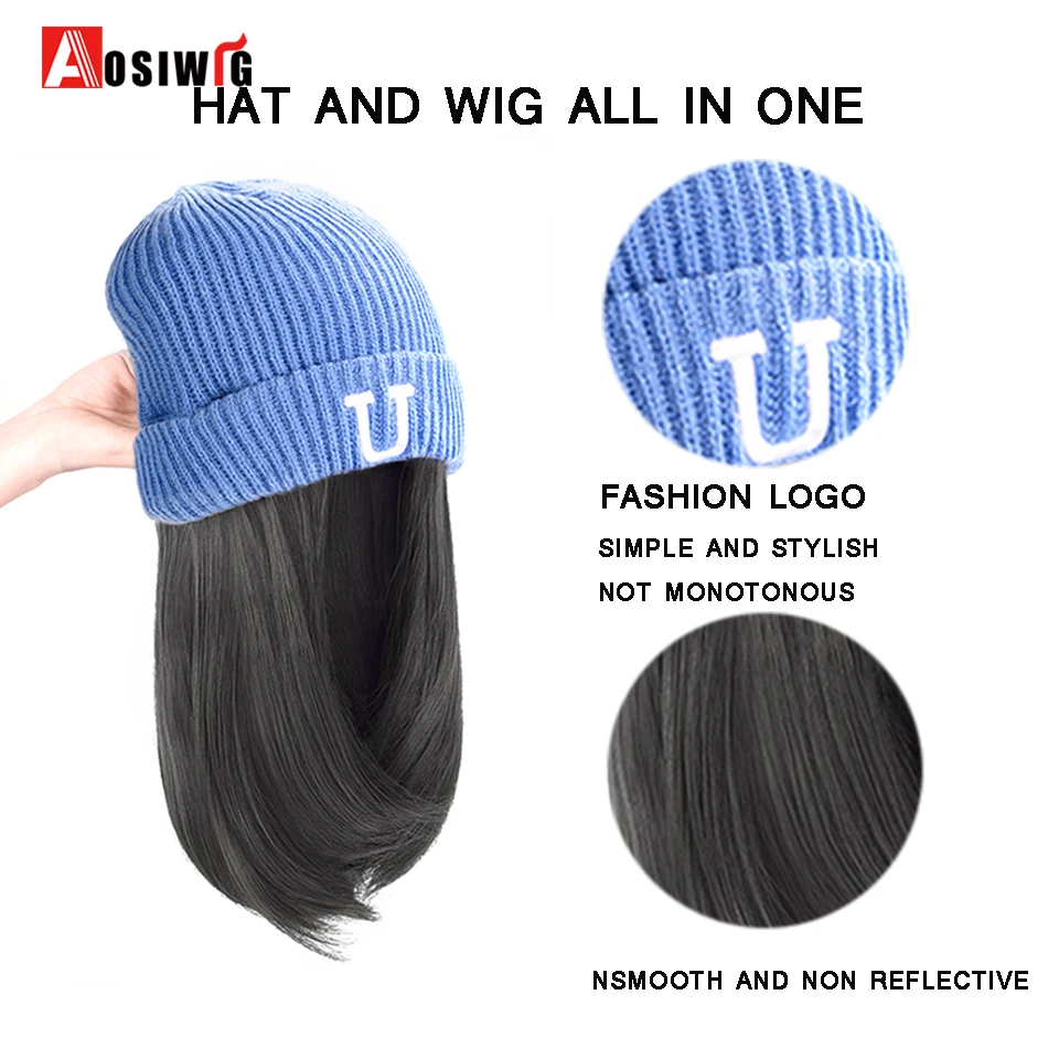 Short Hair Hat Wig Natural Brown Wig Connected With Synthetic Knitting Hat Hair Warm Wig In Winter Adjustable For Women