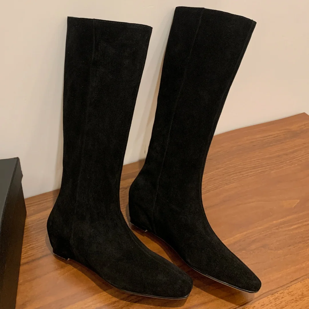 

Women's natural suede leather square toe slip-on knee high boots 4.5cm wedge med heel casual female long boots shoes for woman