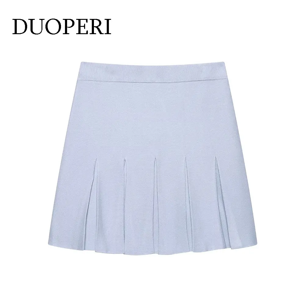 

DUOPERI Women 2025 New Faldas Blue Pleated Knitted Mini Skirt High Elastic Waist Female Elegance Chic Lady Casual Skirts