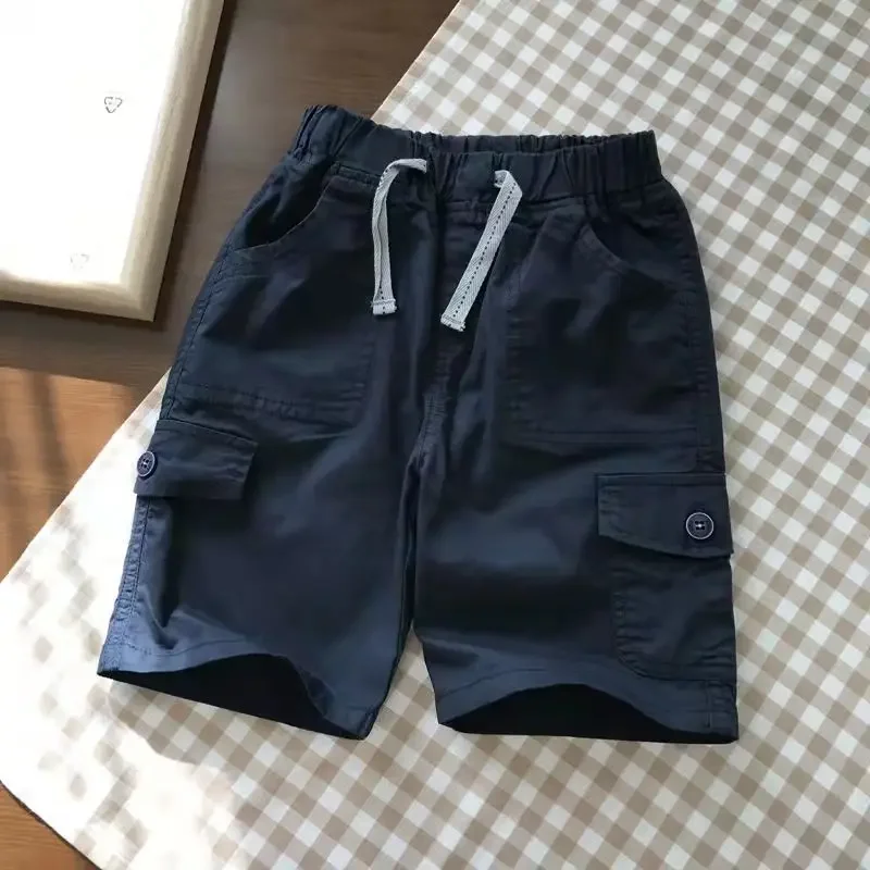 

Summer Boys Clothing Casual Thin Fashion Trend All-match Solid Color Elastic Waist Spliced Pocket Drawstring Cotton Loose Shorts