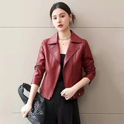 New Women Spring Autumn Burgundy Leather Jacket Fashion Suit Collar Long Sleeve Slim Sheepskin Jacket Split Leather Casual Coat