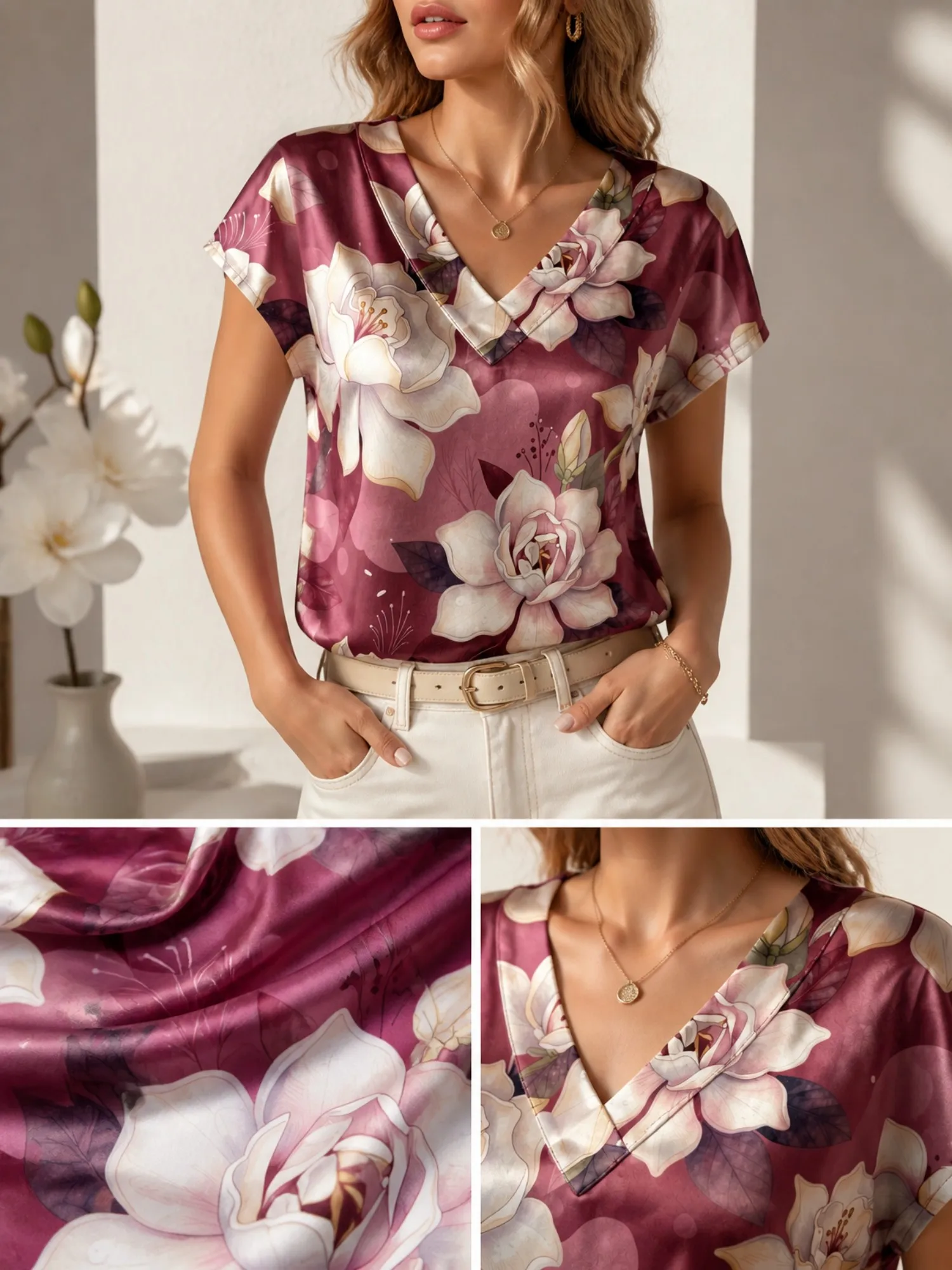 Floral Satin V Neck Top for Women Cap Sleeve Pullover Draped Fit Silky Modern Casual Daily Wear Lightweight Breathable Versatile
