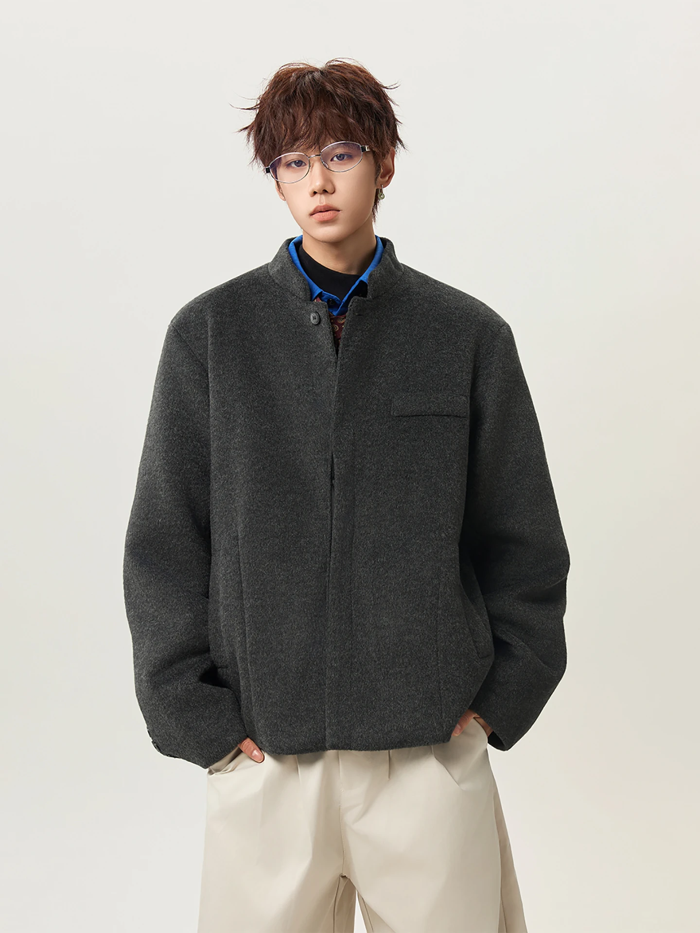

Boyue Men's Woolen Jaet Stand Collar Heavyweight Workwear Versatile Zhongan Suit Sle Casual Loose Fit Pure Color