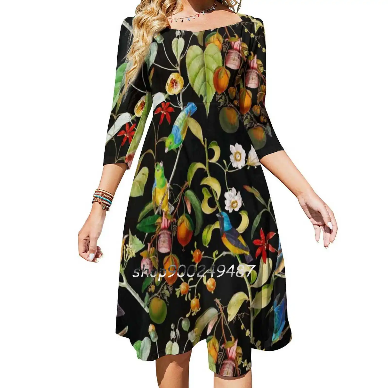 Vintage Tropical Sing Birds And Fruits Pattern Black Square Neck Dress New Plus Size Elegant Women Waist Tight Dress Nature