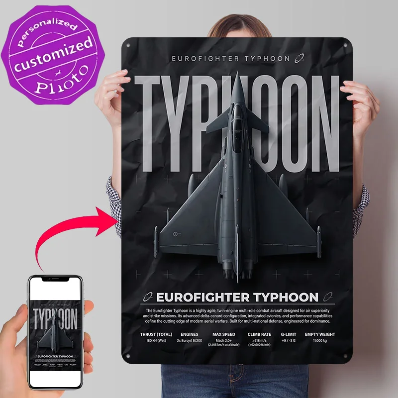 Dark Eurofighter Typhoon Technical Infographic Poster Retro 3D Printed Metal Signs Customized Wall Hanging Gift for Office Decor