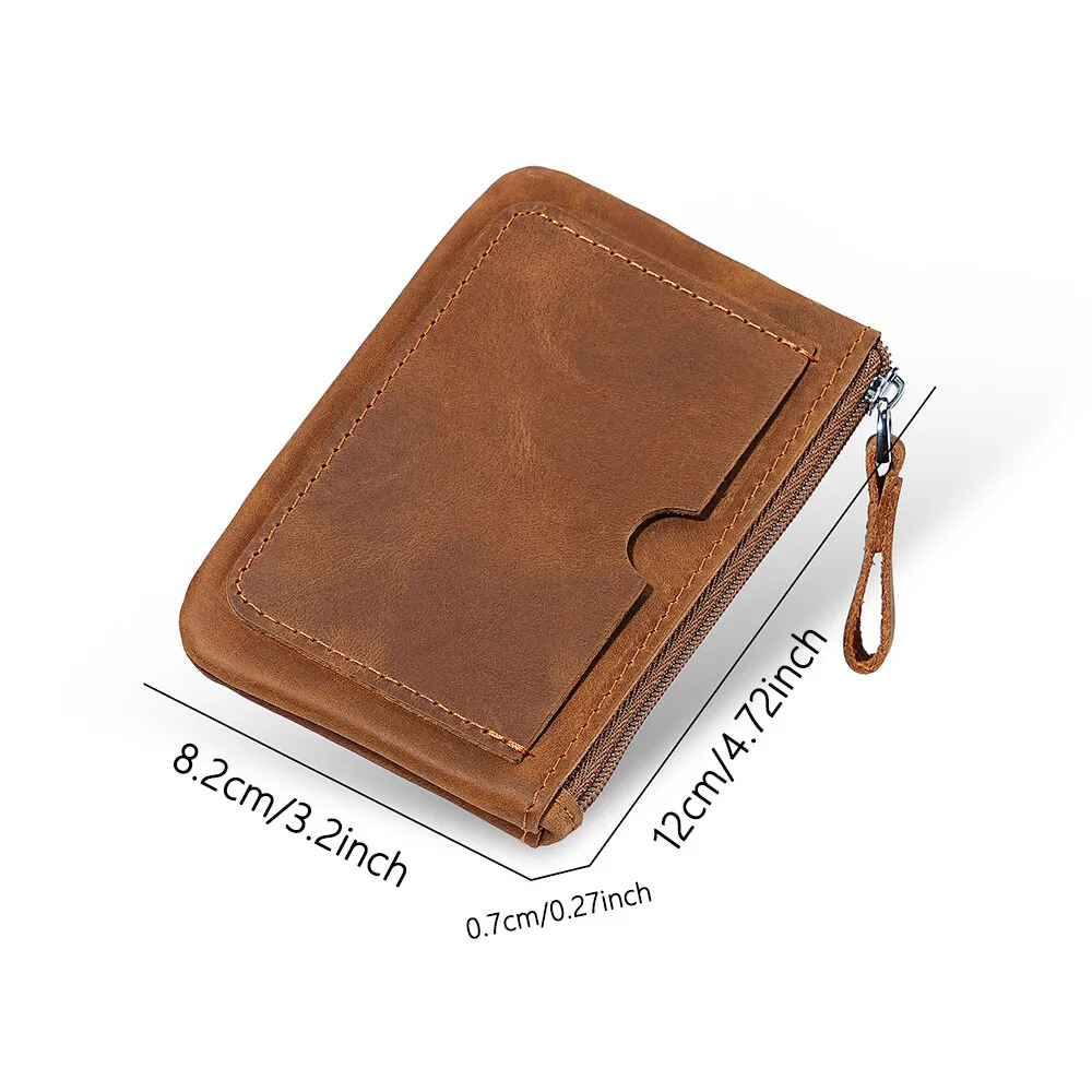 Handmade Retro Crazy Horse Top Grain Leather Outdoor Travel Small Wallet Slim Zipper Keys Coins Card Holders Pocket