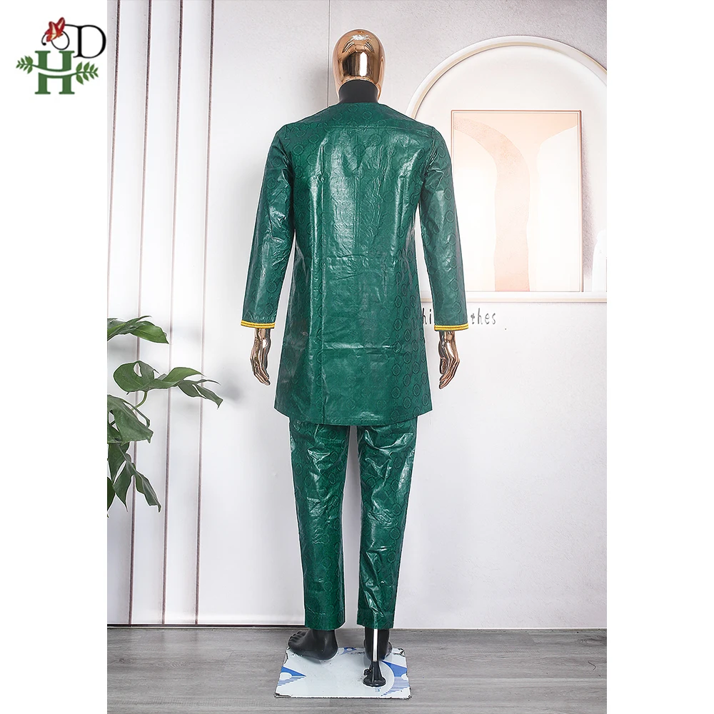 H&D African For Men Tradition Clothing Riche Bazin Embroidered 2 Pcs Set shirt Pants Bazin Green Muslim Ramadan Wedding Party