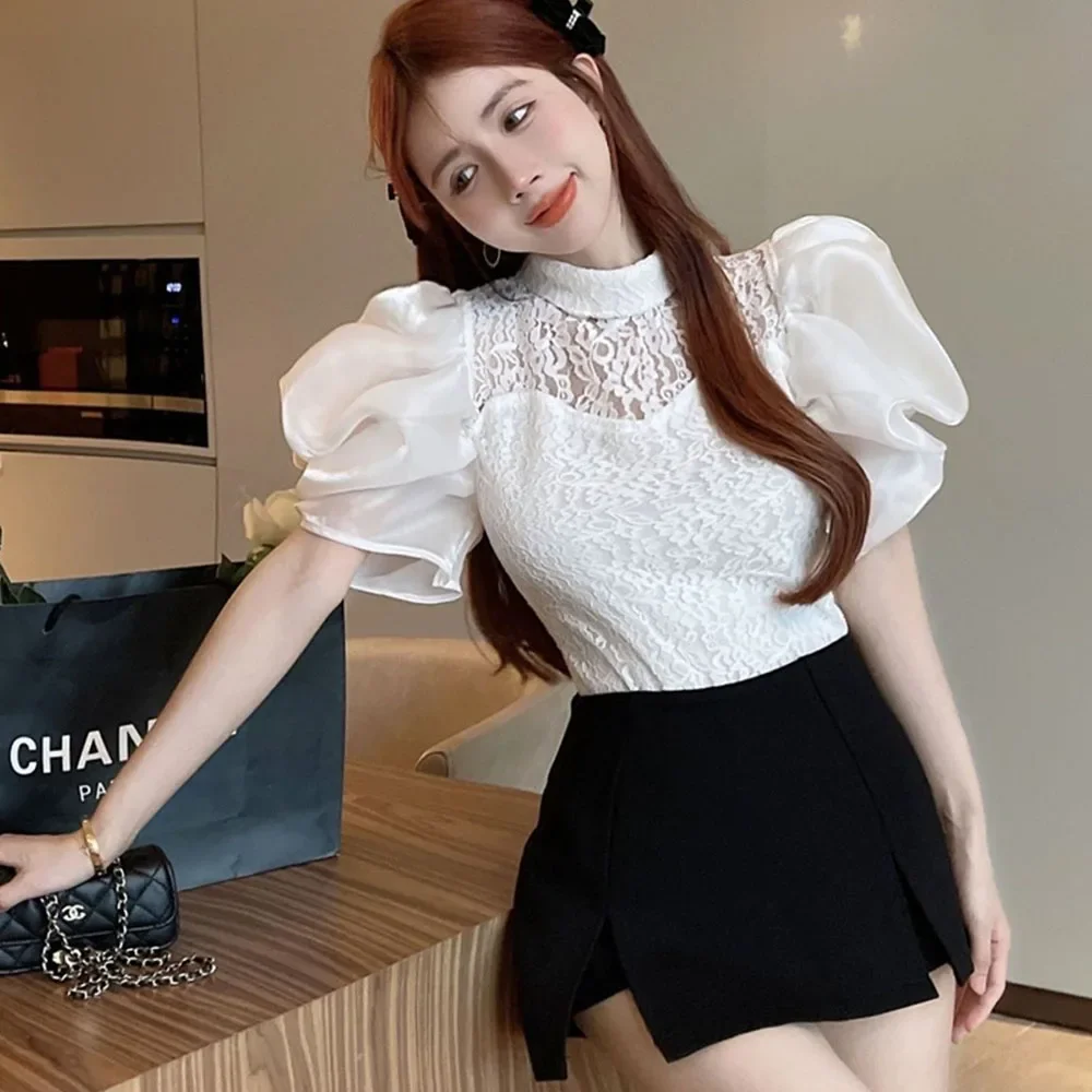 

Summer Chic Court Style Lace Hollowed Shirt Womens French Elegant Bubble Sleeve Blouses Ladies Tops Sweet Camisas