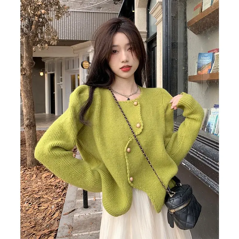 Women Irregular Hem Knit Cardigan Round Neck Gold Button Decor Puff Sleeve Loose Casual Sweater Coat